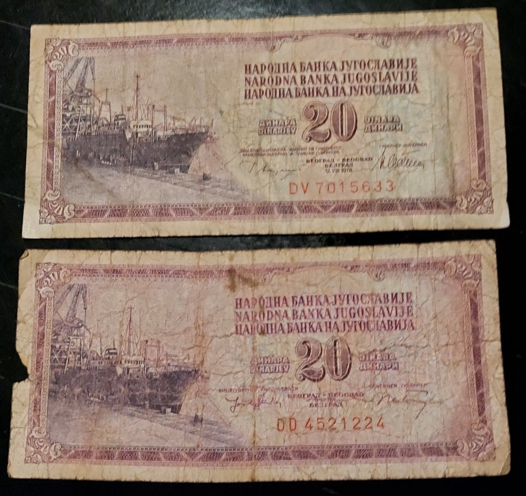 2 stuks! Vintage Joegoslavië 20 Dinara bankbiljet 1974/1978, Ophalen of Verzenden, Joegoslavië