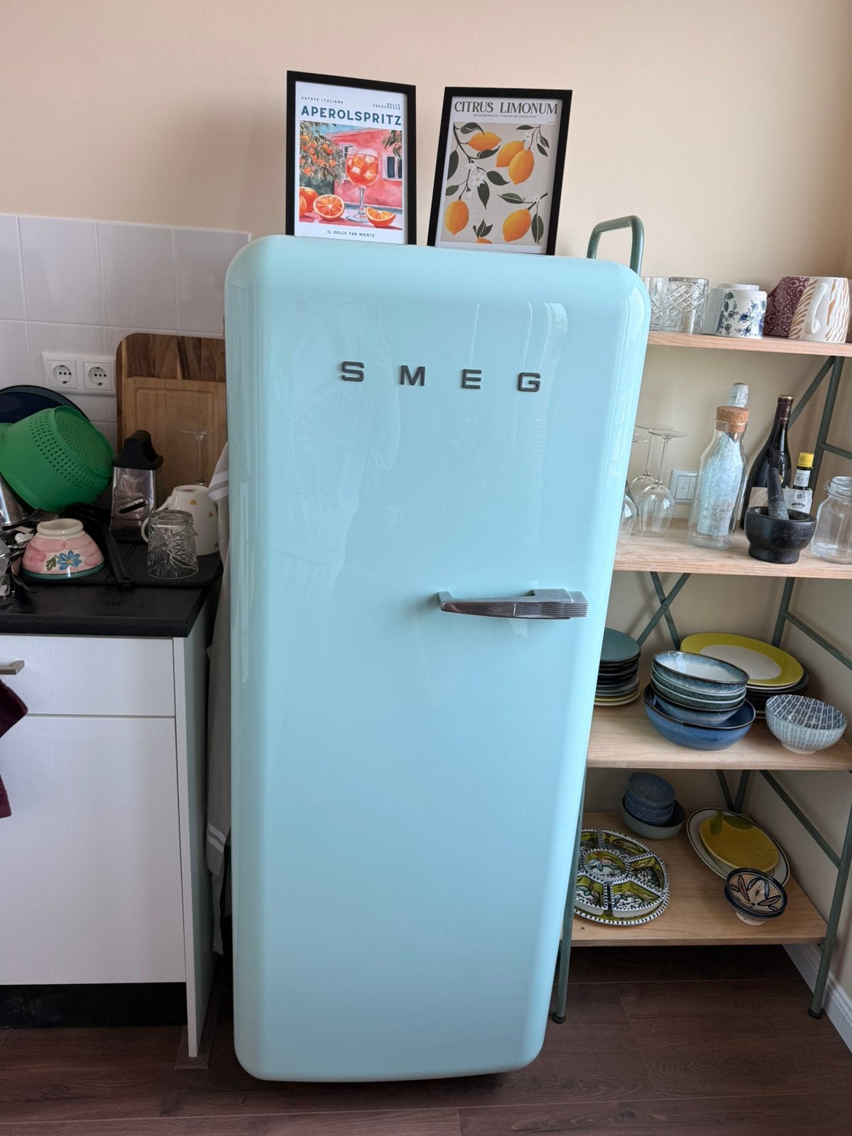 SMEG FAB28 retro koelkast – mintgroen, Ophalen, 200 liter of meer, 160 cm of meer, Zo goed als nieuw
