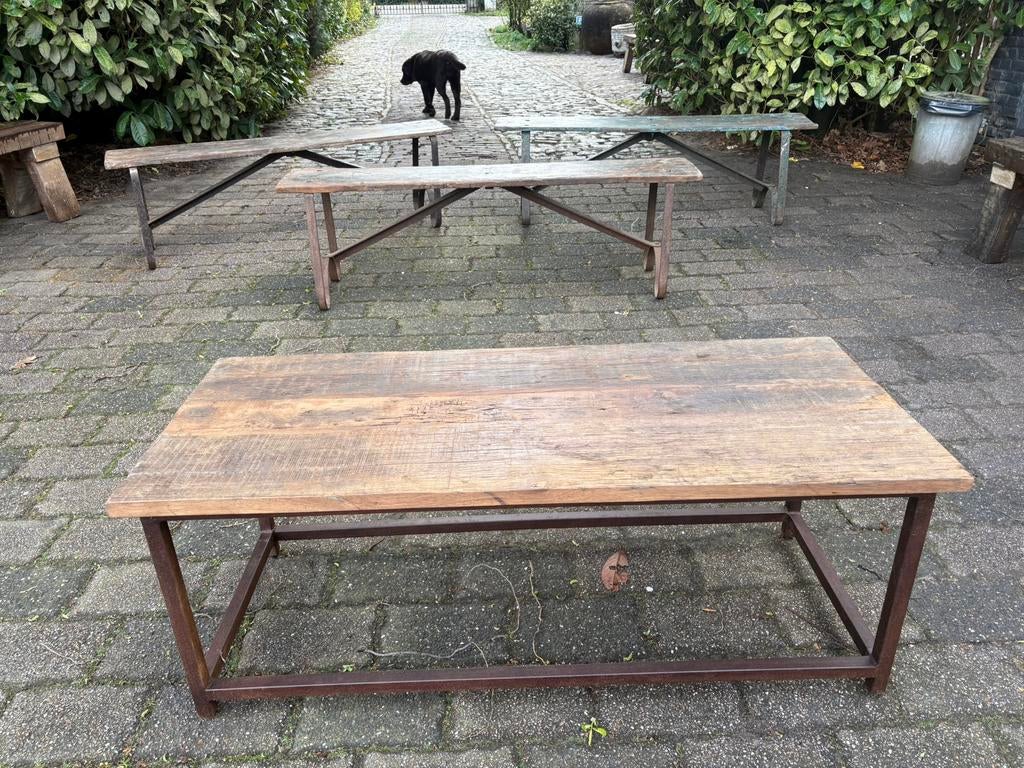 Stoere salontafel: ijzeren roest onderstel met Old Wood blad, Ophalen, 100 tot 150 cm, Teakhout, Nieuw