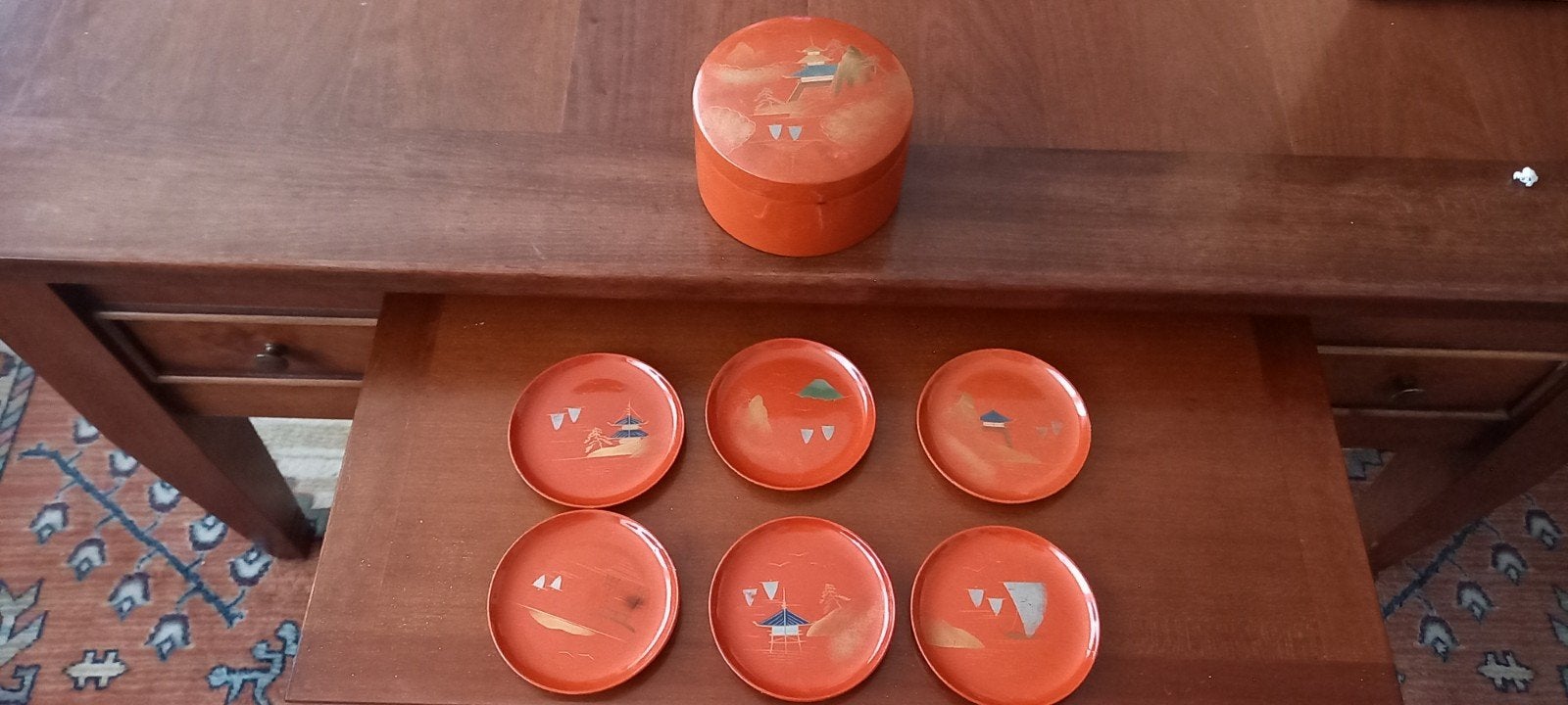 Vintage Japanse Antieke Rode Houtlak Onderzetterset, Antiek en Kunst, Ophalen of Verzenden