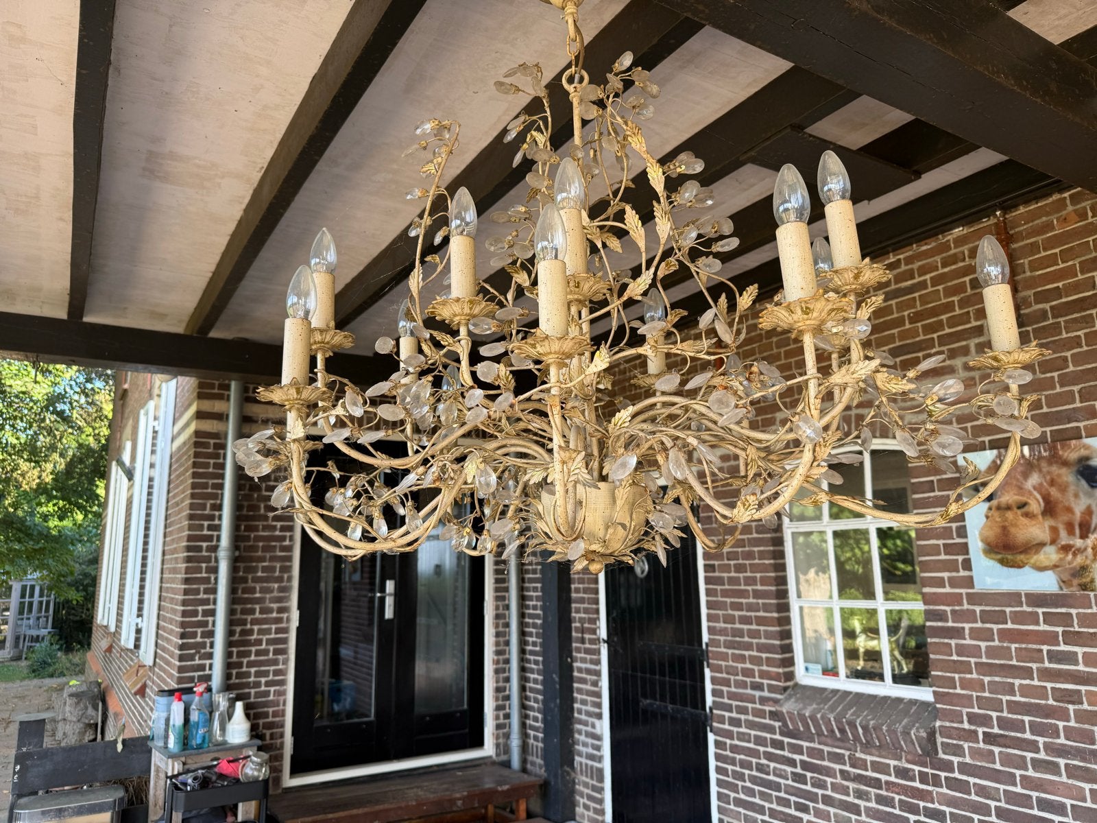 Grote antieke kroonluchter met 12 lichtpunten en kristal, Ophalen of Verzenden