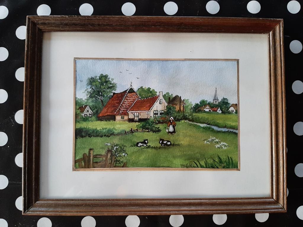 Waterverf schilderijtje boeren erf achter glas., Antiek en Kunst, Ophalen of Verzenden
