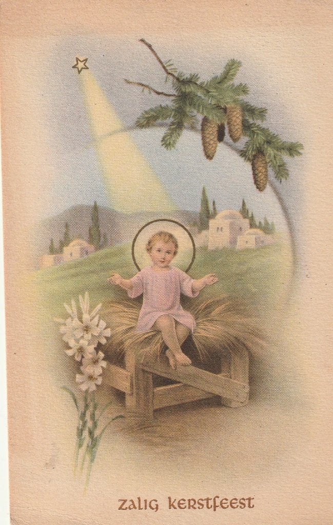 Zalig Kerstfeest - Antieke Kerstkaart met Kerstkind, Ophalen of Verzenden, 1940 tot 1960, Gelopen, Feest(dag)