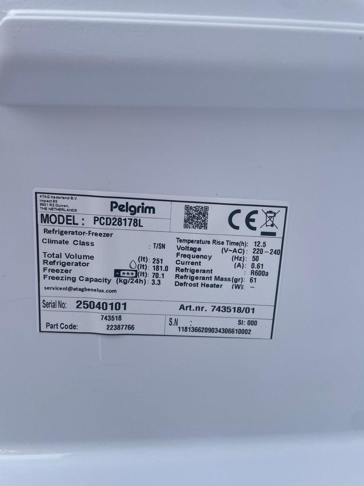Jaar oude Inbouw Pelgim koel, vriescombi, Ophalen, Minder dan 60 cm, 160 cm of meer, Zo goed als nieuw