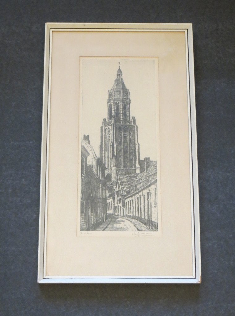 Arnhem ets Marius Janssen Trompetsteeg Grote Kerk, Ets, Ophalen of Verzenden, 32 cm, Ingelijst