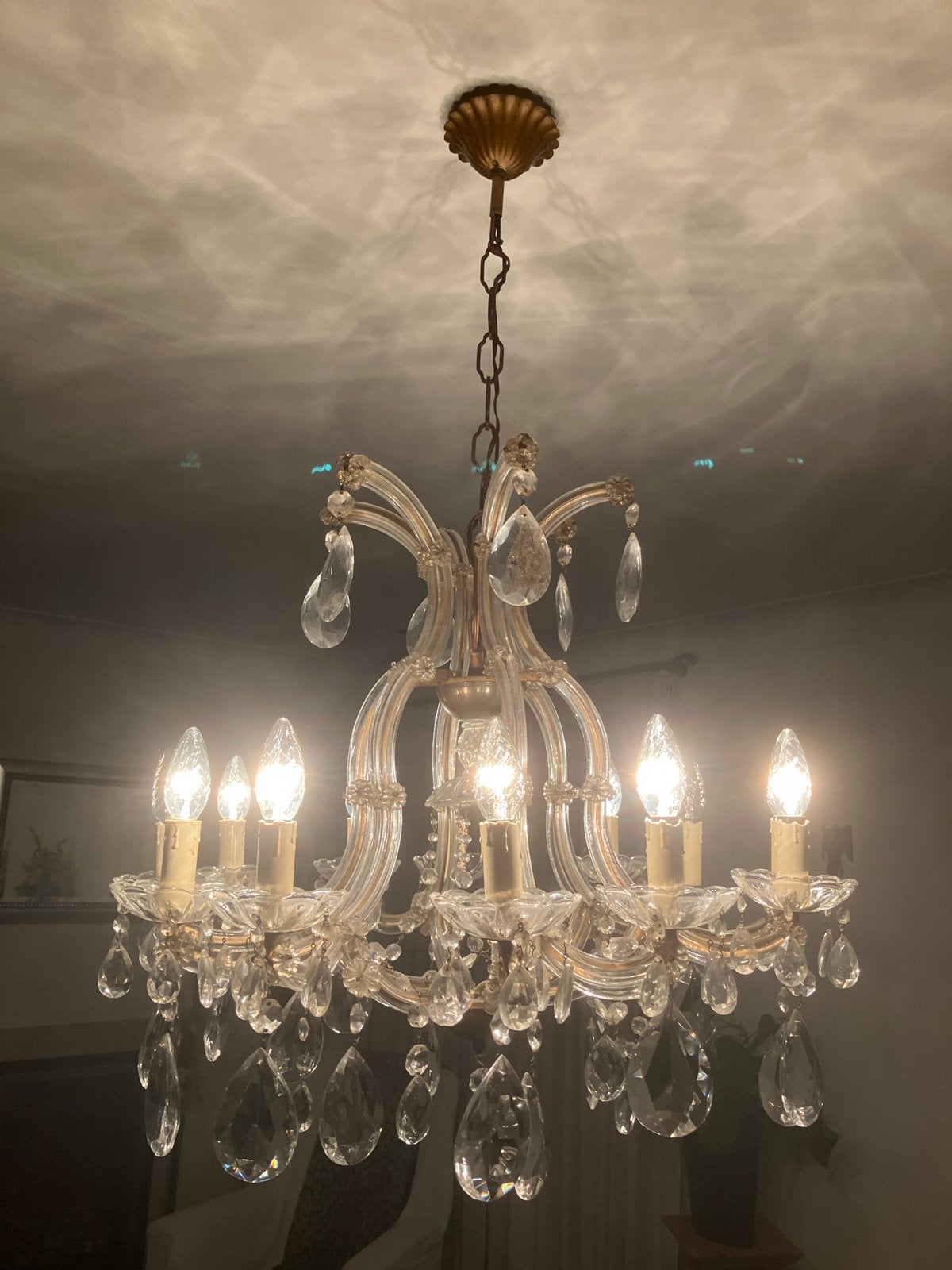 Elegante Kroonluchter met Kristallen Hangers, Ophalen, Zo goed als nieuw, Glas, E14 (klein)