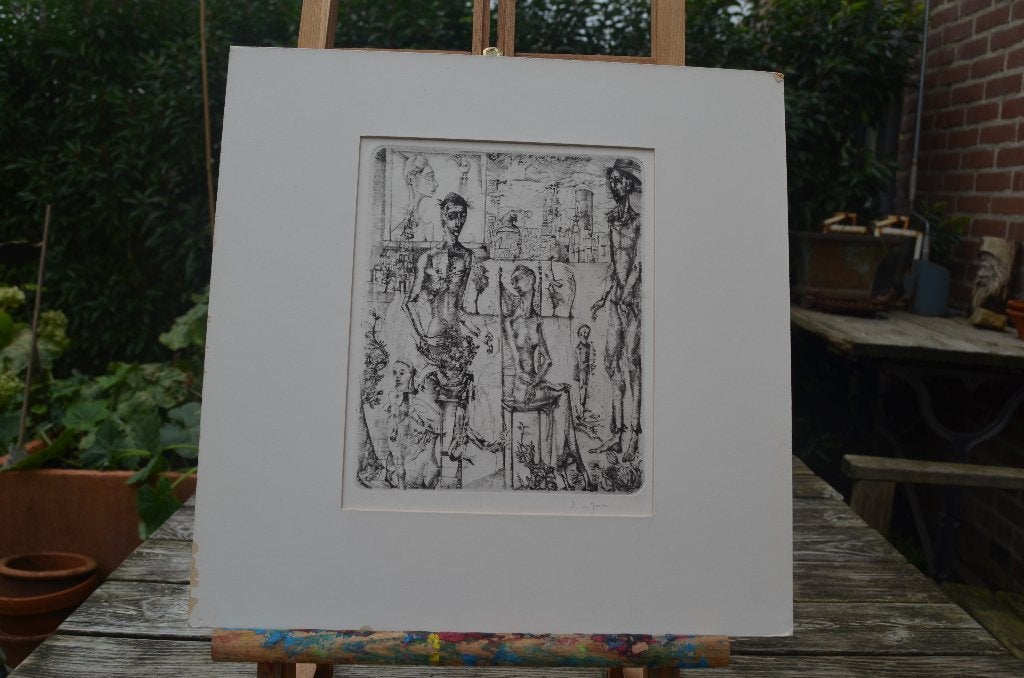 Ets/grafiek uitgemergelde mensen gesig. Jansen., Antiek en Kunst, Kunst | Etsen en Gravures, Portret, Gesigneerd, 35 cm, Ophalen of Verzenden