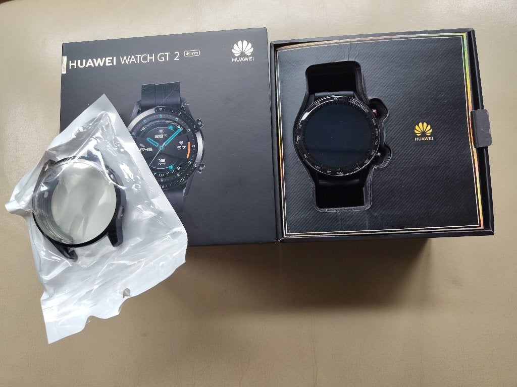 Huawei Watch GT 2 46mm incl. Strap-it TPU  bescherm hoesje, Gebruikt, Hartslag, Zwart, Ophalen of Verzenden