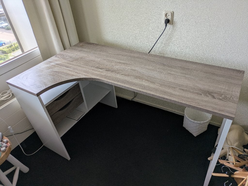 Bureau, houten blad, wit onderstel, Huis en Inrichting, Ophalen, Met lades, Gebruikt, Scandinavisch