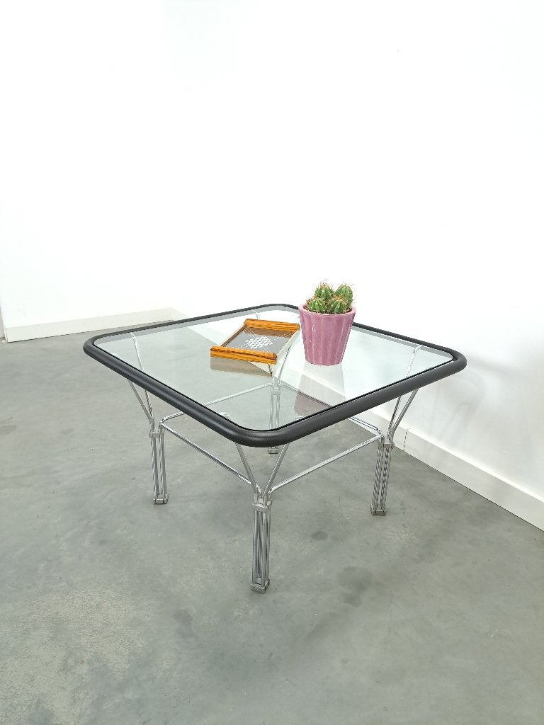 Glazen jaren 70 salontafel met chromen onderstel, 50 – 75, Gebruikt, 50 tot 100 cm, Space age, vintage