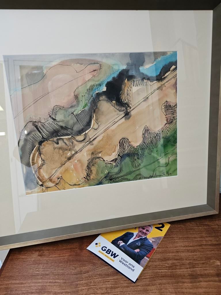 Abstracte aquarel in lijst, gesigneerd '94, Ophalen of Verzenden