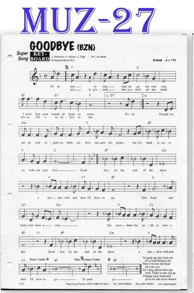 Muz27 bladmuziek super song - Goodbye ( BZN ), Muziek en Instrumenten, Bladmuziek, Orgel, Gebruikt, Ophalen of Verzenden, Artiest of Componist