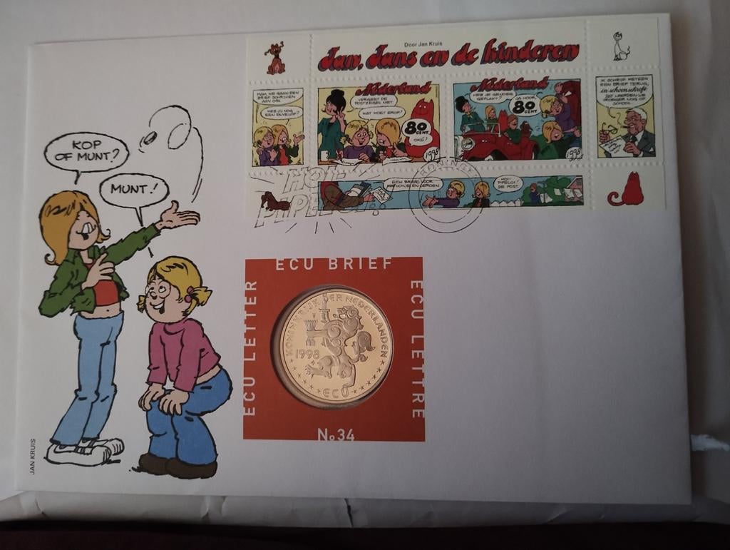 Jan Jans en de kinderen Ecu brief 1998 No 34, Postzegels en Munten, Penningen en Medailles, Verzenden, Overige materialen, Nederland