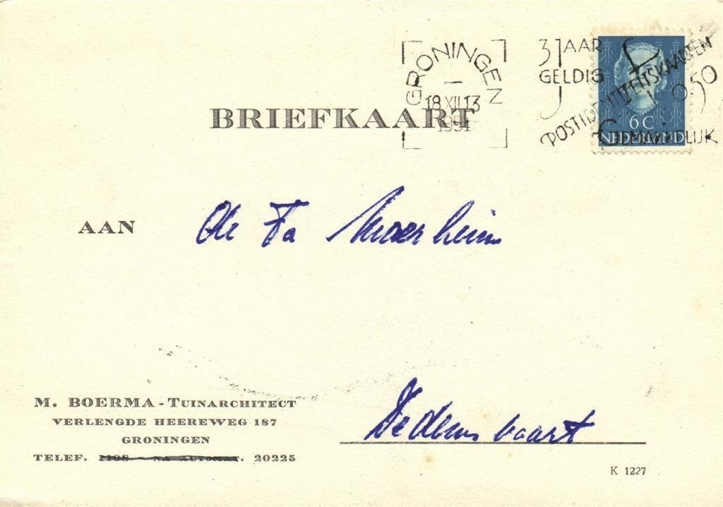 M. Boerma, Groningen - 12.1951 - briefkaart, Ophalen of Verzenden, Briefkaart