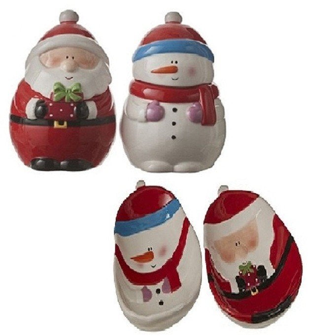 Kerstman en Sneeuwpop Kerstsnoeppotten + kerstschaaltjes S4, Porselein of Keramiek, Schaal, Verzenden, Rond