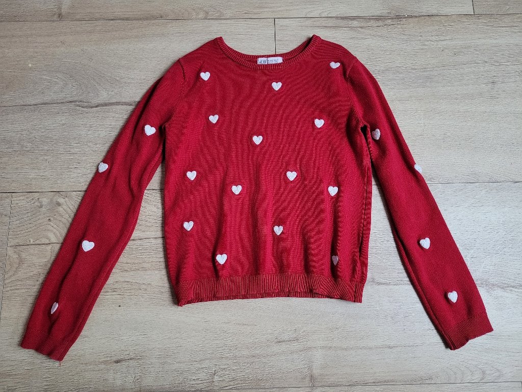 H&M rode gebreide trui met hartjes maat 134/140 ~ SJ2008, Kinderen en Baby's, Kinderkleding | Maat 134, Gebruikt, Meisje, Trui of Vest