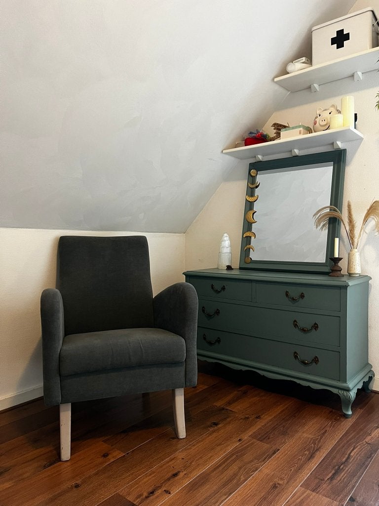 Vintage/brocante set – ladekastje, spiegel & fauteuil, Ophalen, Gebruikt
