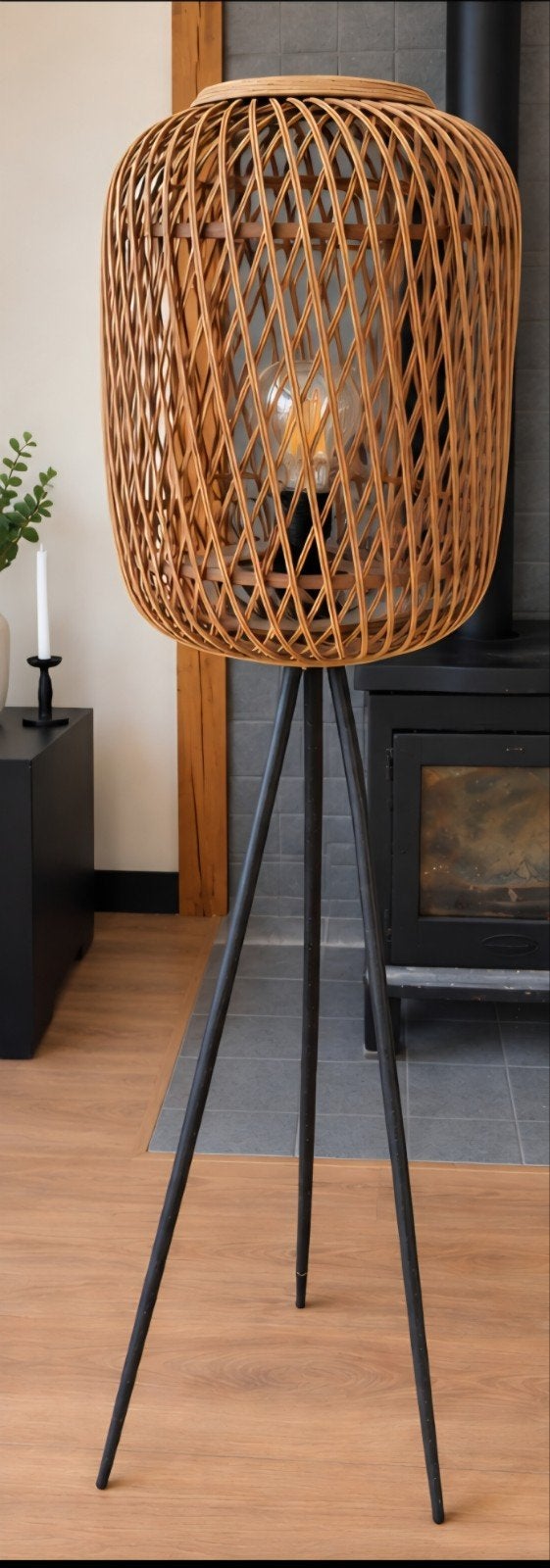 Rotan Vloerlamp met Zwart Metalen Poten, Ophalen, Bohemian, Modern, Scandinavisch, 100 tot 150 cm, E27 (groot)