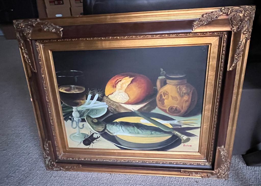 Olieverfschilderij Stilleven met Vis en Brood, Antiek en Kunst, Ophalen