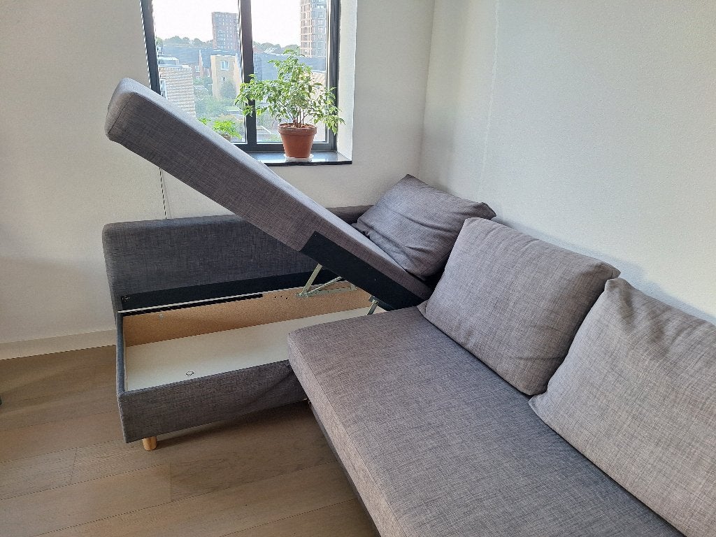 Grijze bank (Friheten Ikea), Huis en Inrichting, Banken | Bankstellen, Ophalen, Gebruikt, Hoekbank, Driepersoons