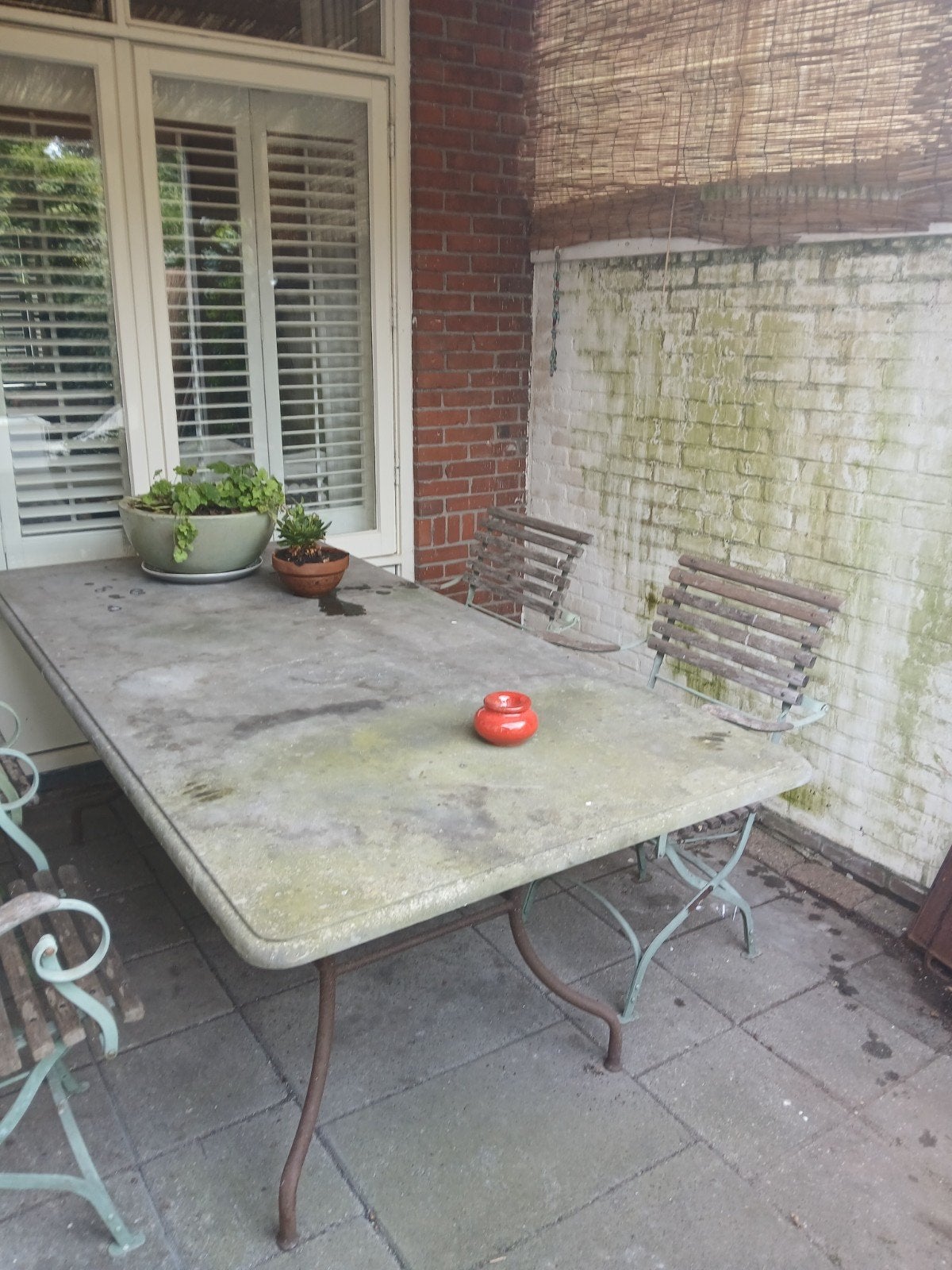 Natuurstenen tafel met ( giet) ijzeren onderstel 2.00x1.00, Ophalen, Gebruikt, Rechthoekig, Overige materialen