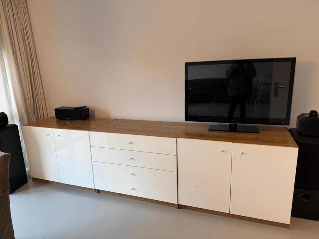 IKEA Dressoir tv meubel 3 opbergkastjes hoogglans  wit/ hout, Ophalen, Gebruikt, 200 cm of meer, Met lade(s)