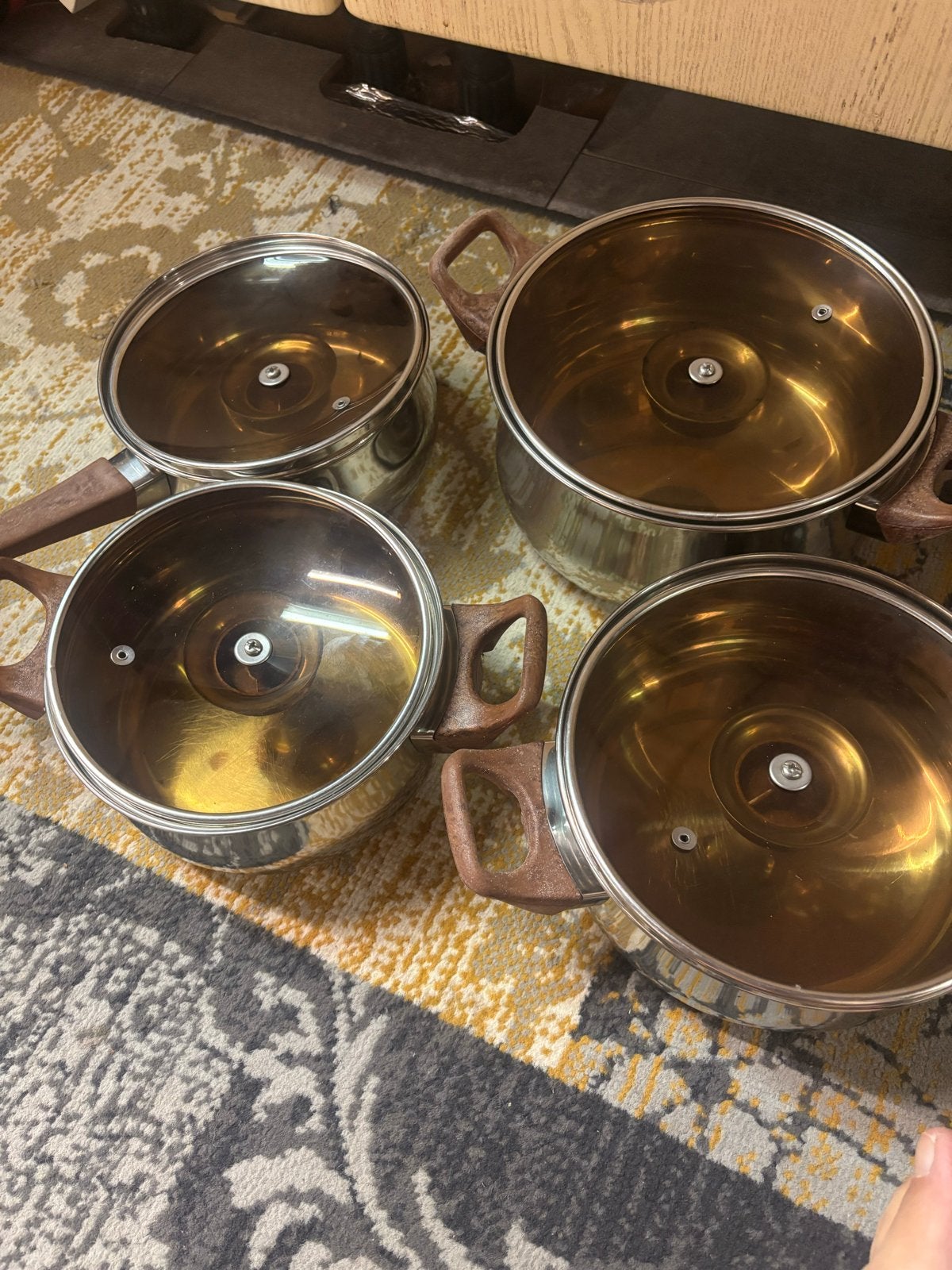 Pannenset RVS met glazen deksels en houten handvatten, Huis en Inrichting, Gebruikt, Met deksel, Pannenset, Ophalen of Verzenden