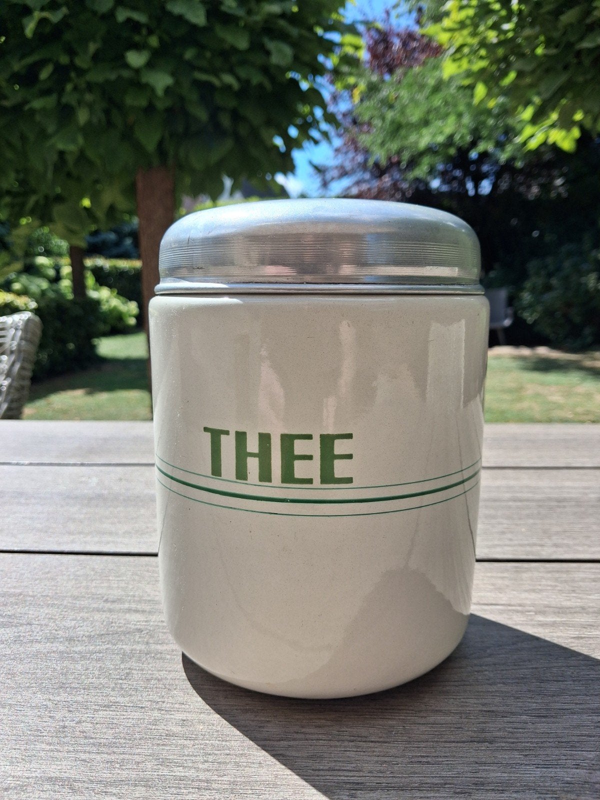 Vintage theebus met aluminium deksel, Ophalen of Verzenden