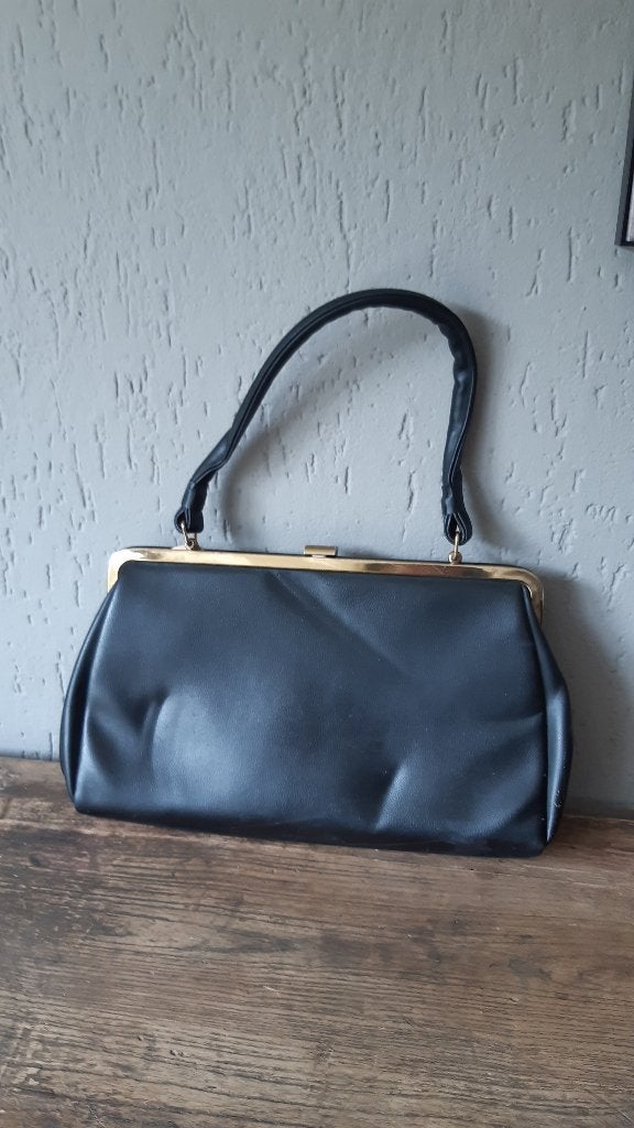 Koopjes! Vintage retro damestas zwart met beugelsluiting, Ophalen of Verzenden, Gebruikt, Zwart, Handtas