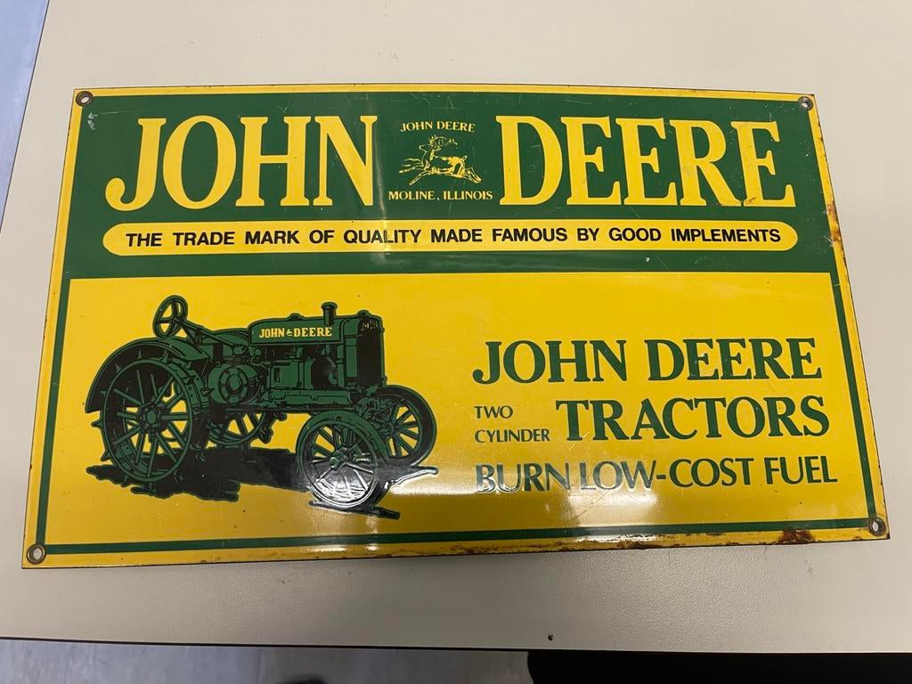 John Deere emaillebord 40x25 cm - Vintage Tractor Reclame, Ophalen of Verzenden, Gebruikt, Reclamebord