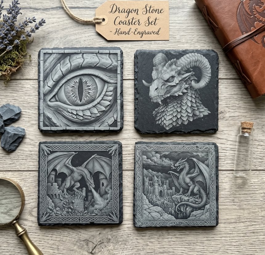Set van 4 Handgemaakte Leisteen Onderzetters - Draken Thema, Ophalen of Verzenden, Nieuw, Overig