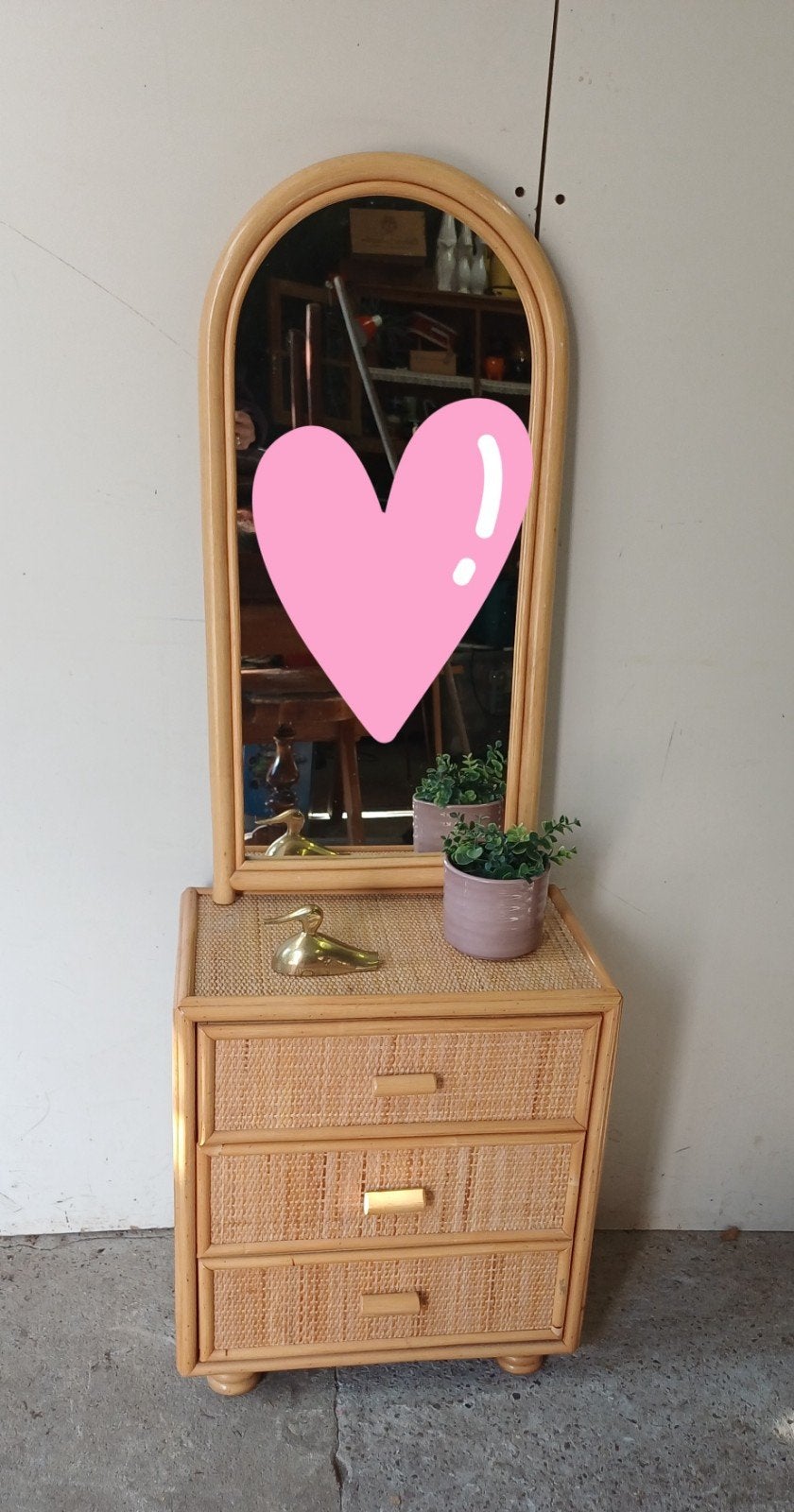 Pracht vintage boho rotan manou ladenkast met spiegel, Ophalen, Zo goed als nieuw, 50 tot 100 cm, Minder dan 100 cm