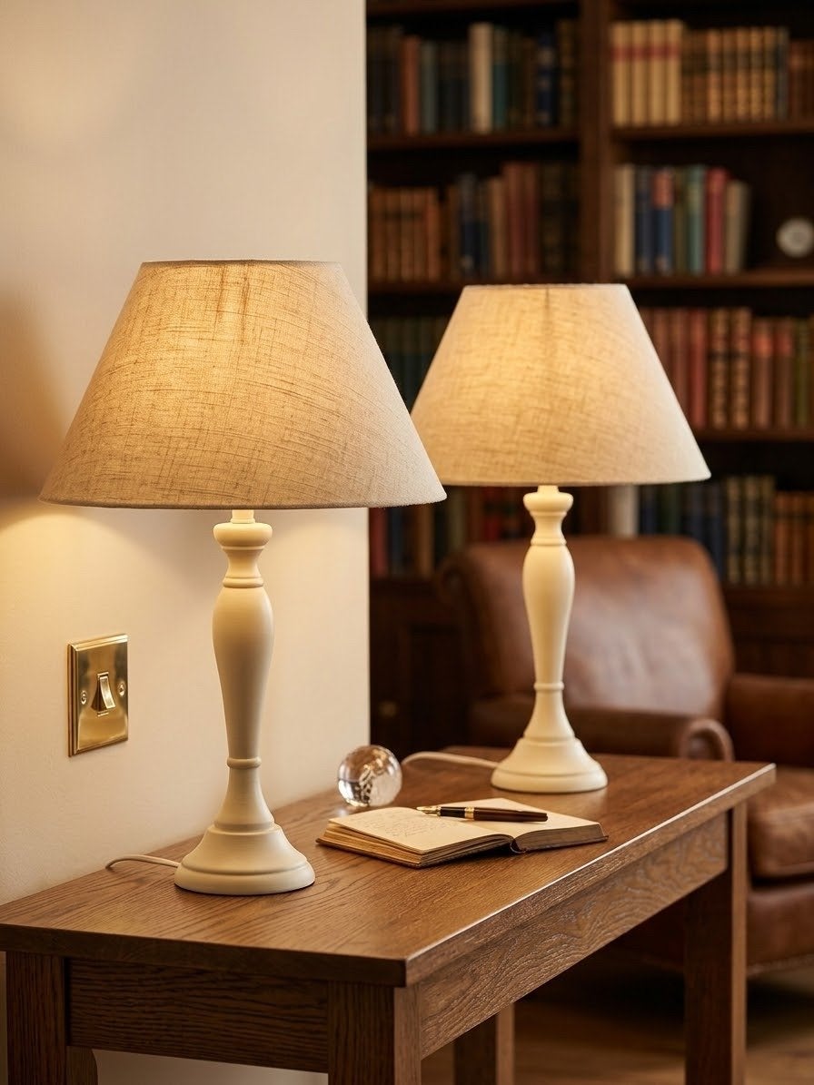 Set van 2 klassieke tafellampen met linnen kap, Huis en Inrichting, Lampen | Tafellampen, Gebruikt, Met kap, Hout, Ophalen