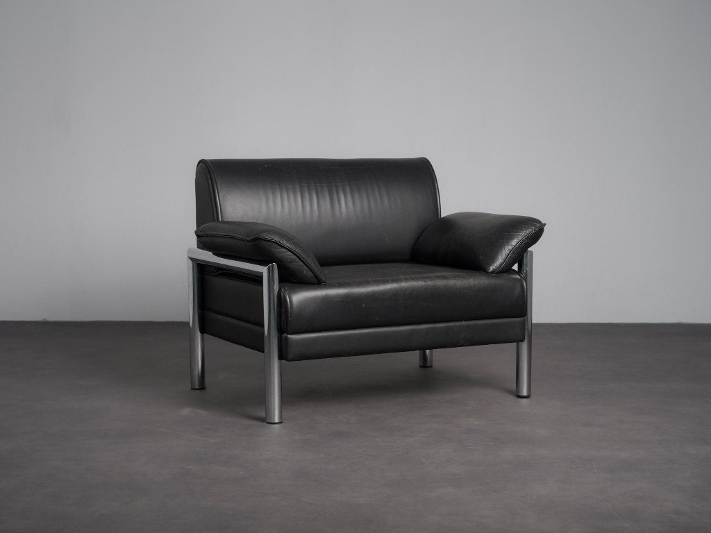 Italiaanse Leren Lounge Fauteuil Chroom Jaren 90, Ophalen, Gebruikt, 100 tot 125 cm, Leer