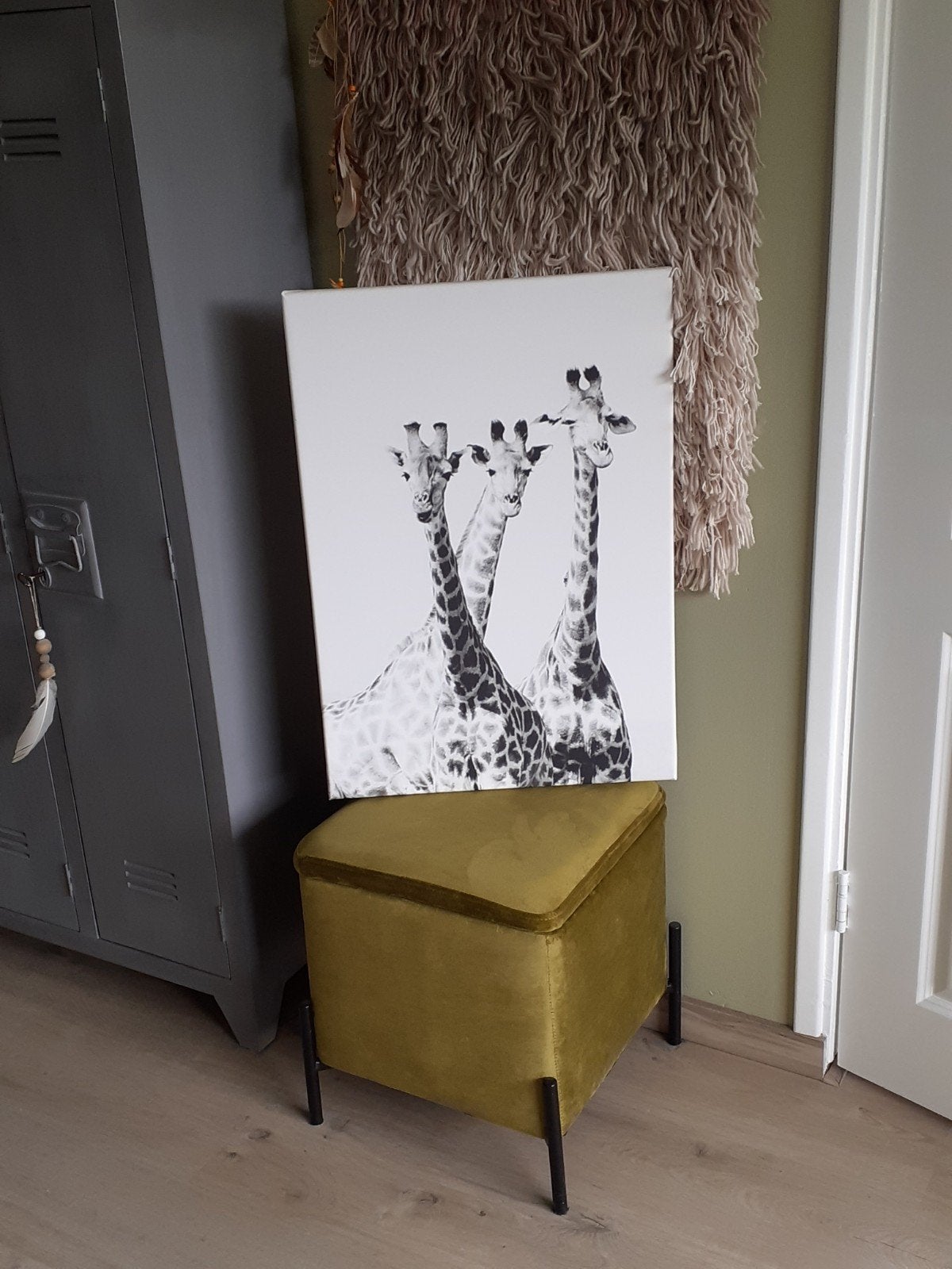 Canvas schilderij met drie giraffen, 50 – 75, Minder dan 50 cm, Ophalen of Verzenden, Zo goed als nieuw
