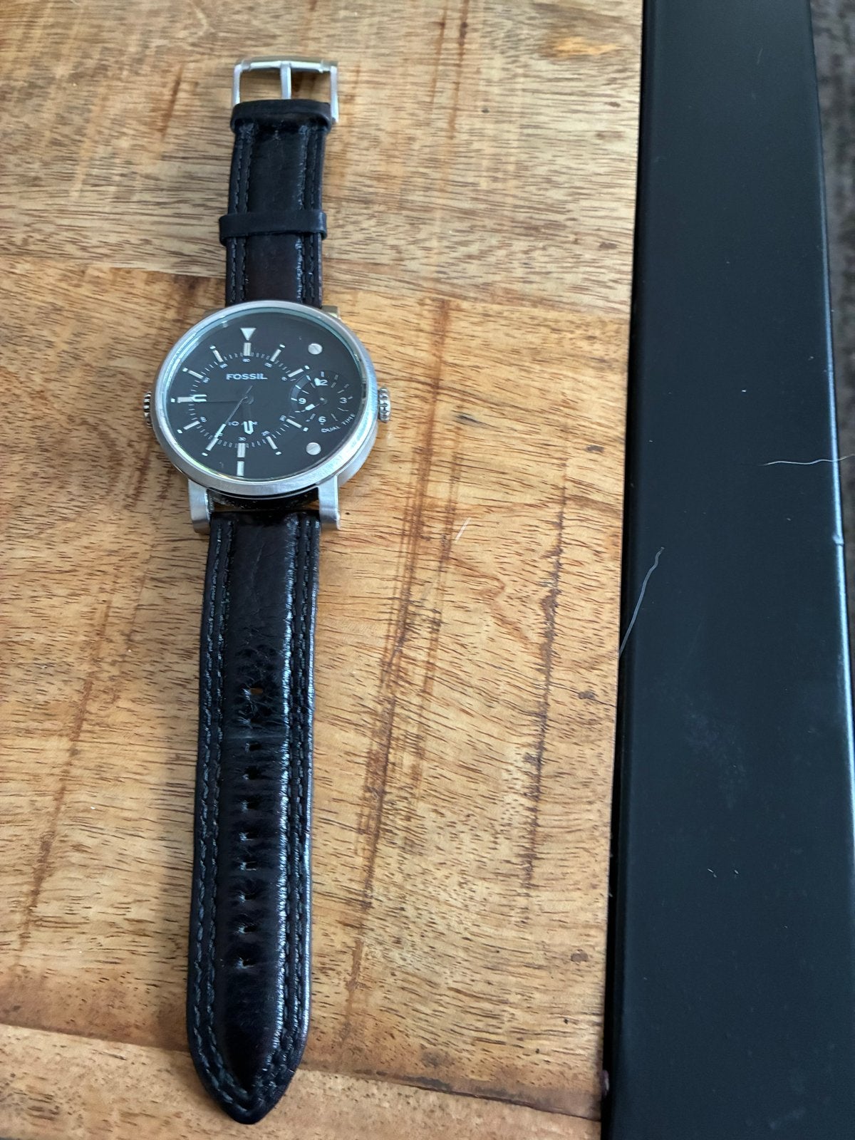Fossil dames horloge met zwarte leren band, Staal, Fossil, Polshorloge, Ophalen of Verzenden