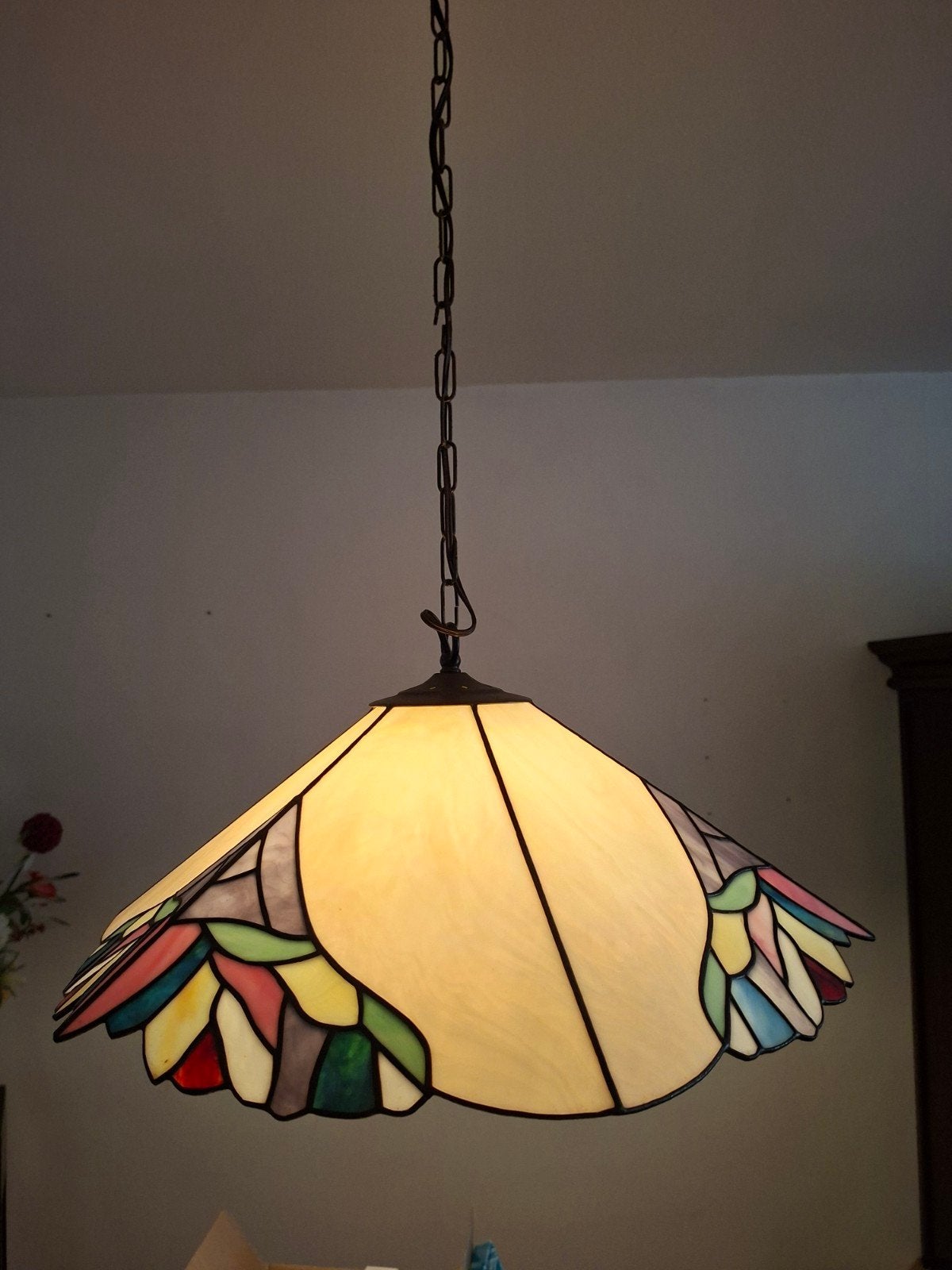 Tiffany hanglamp en wandlamp set - Kleurrijk glas-in-lood, Ophalen, Gebruikt, E27 (groot), Tiffany, Art Nouveau
