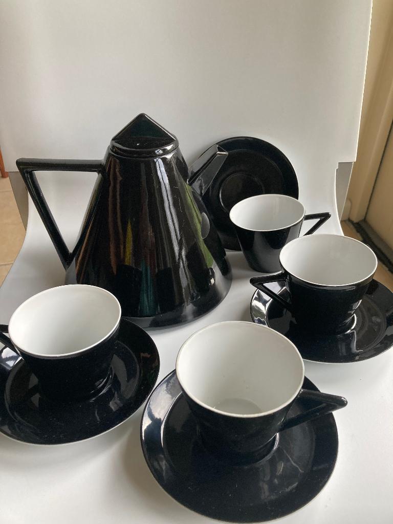 Vintage jaren 80 zwart Memphis stijl design theepot kopjes, Overige materialen, N, N, Ophalen of Verzenden
