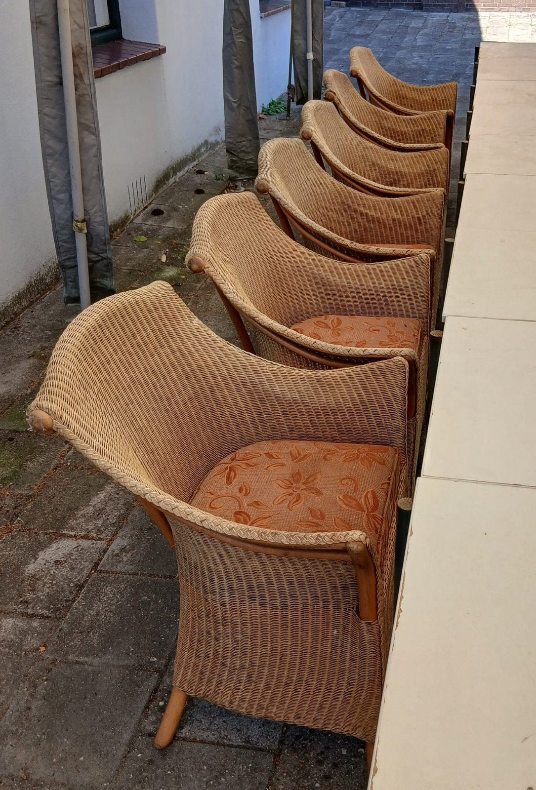 Origineel Loom Riet/Rotan Stoelen met Kussens - Set van 6, Ophalen, Gebruikt, Bruin, Stof