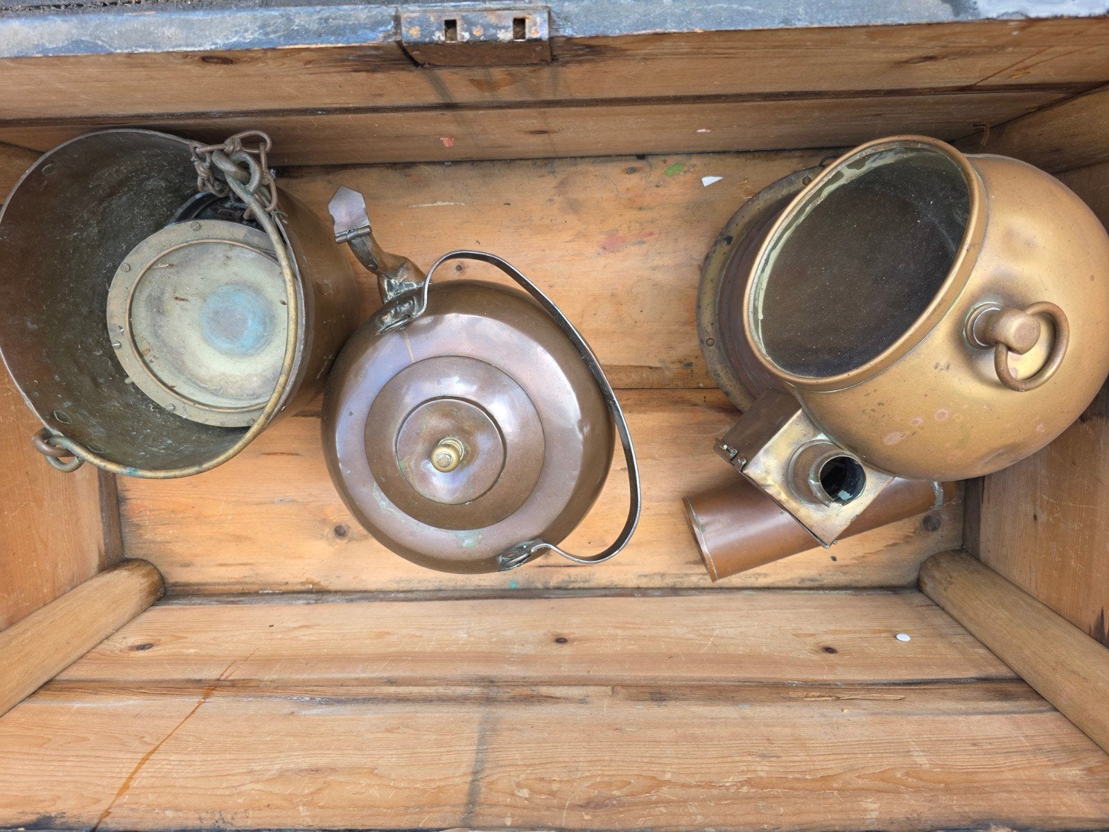 Antieke scheepsspullen: koperen emmer, kompas en ketel, Antiek en Kunst, Ophalen