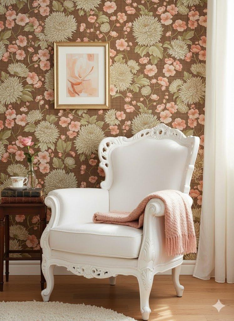 7041 zacht bruin roze vintage 70s bloemenbehang swiet, Verzenden, Bruin