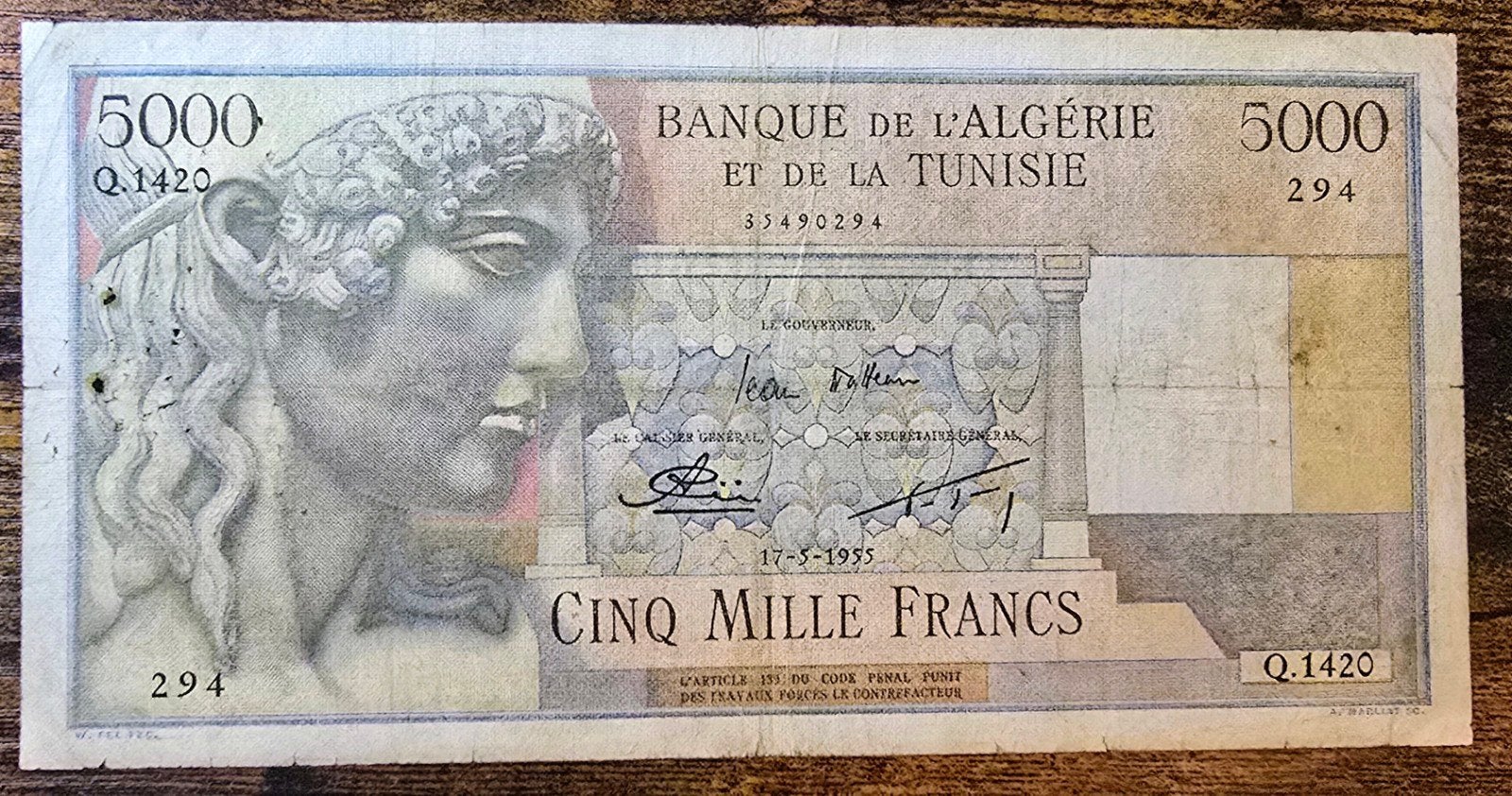 Algerije & Tunesië 5000 Francs 1955 Bankbiljet, Ophalen of Verzenden