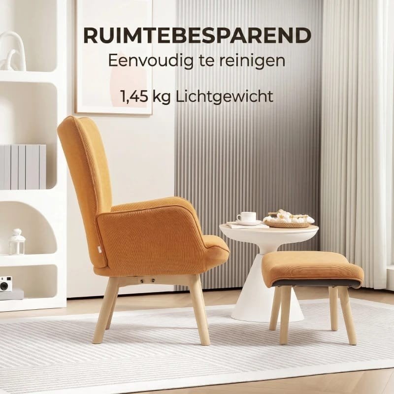tv stoel  fauteuil met voetenbank - Oranje ribfluweel, Hout, Modern, Comfortabel, Scandinavisch, Overige kleuren, Nieuw