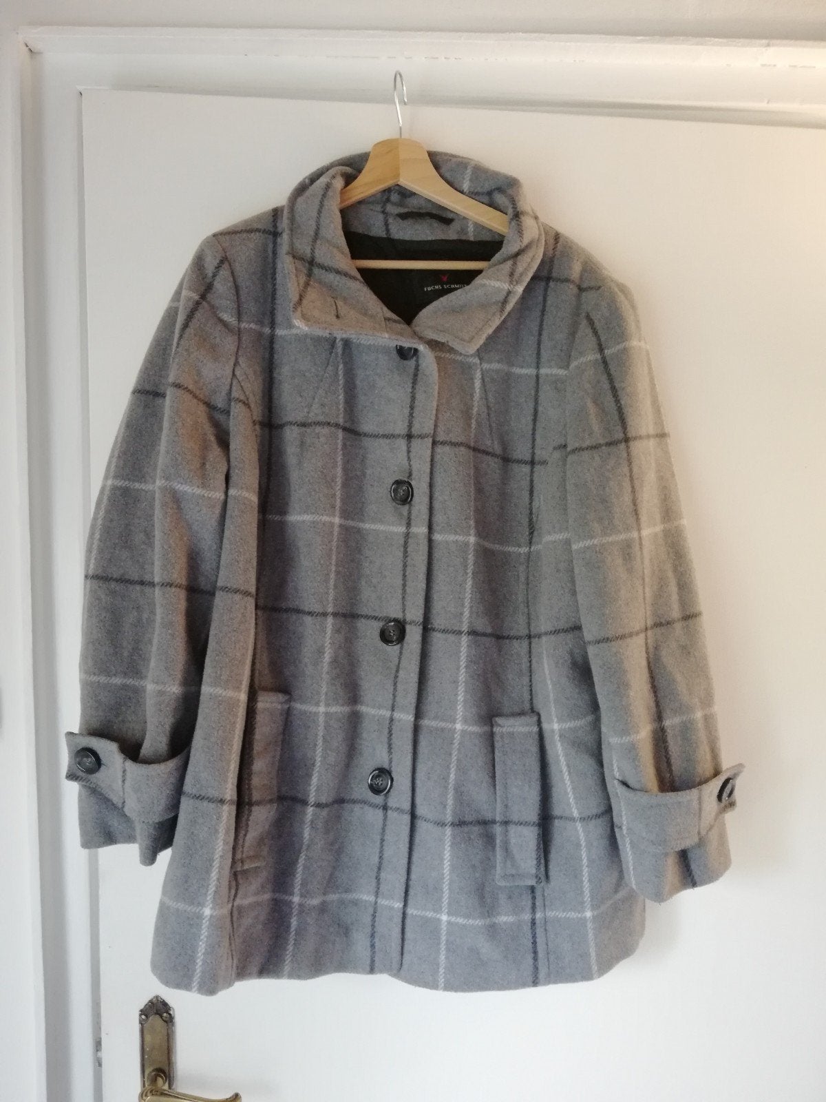 Mooie jas/mantel Fuchs Schmitt grijs geblokt wolmix  XL/42, Kleding | Dames, Jassen | Winter, Maat 46/48 (XL) of groter, Ophalen of Verzenden