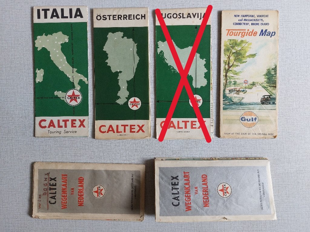Oude Wegenkaarten Benzine & Olie CALTEX, GULF, TOTAL, AVIA, Verzamelen, Ophalen of Verzenden, Gebruikt, Gebruiksvoorwerp