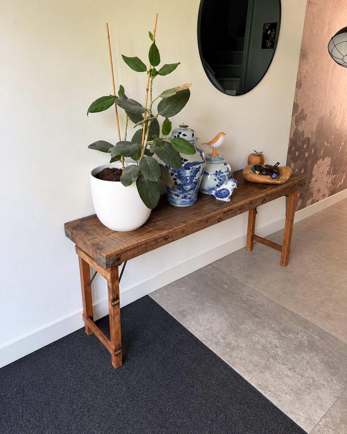Oude houten sidetable / wandtafel 166 cm breed, Ophalen, 100 tot 150 cm, Zo goed als nieuw, 25 tot 50 cm