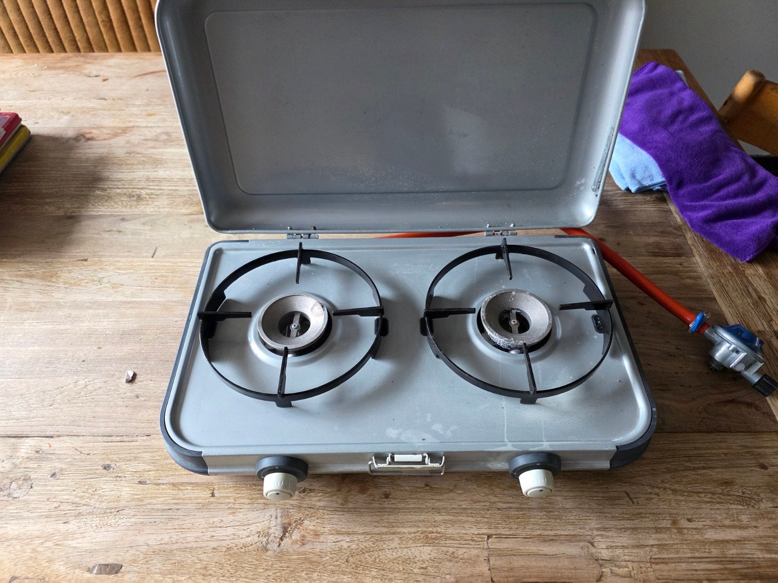 Campingaz 2-pits kookstel met slang en koppelstuk, Ophalen of Verzenden, Gebruikt