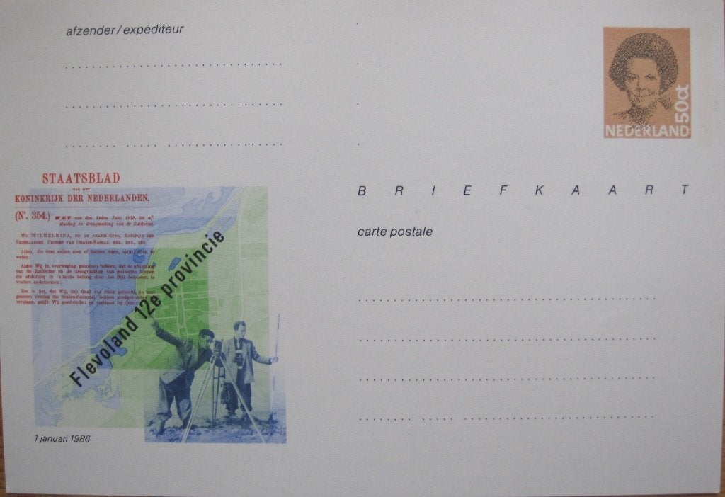 Briefkaart van 50 cent met opdruk Flevoland 12e provincie, Ophalen of Verzenden, Briefkaart