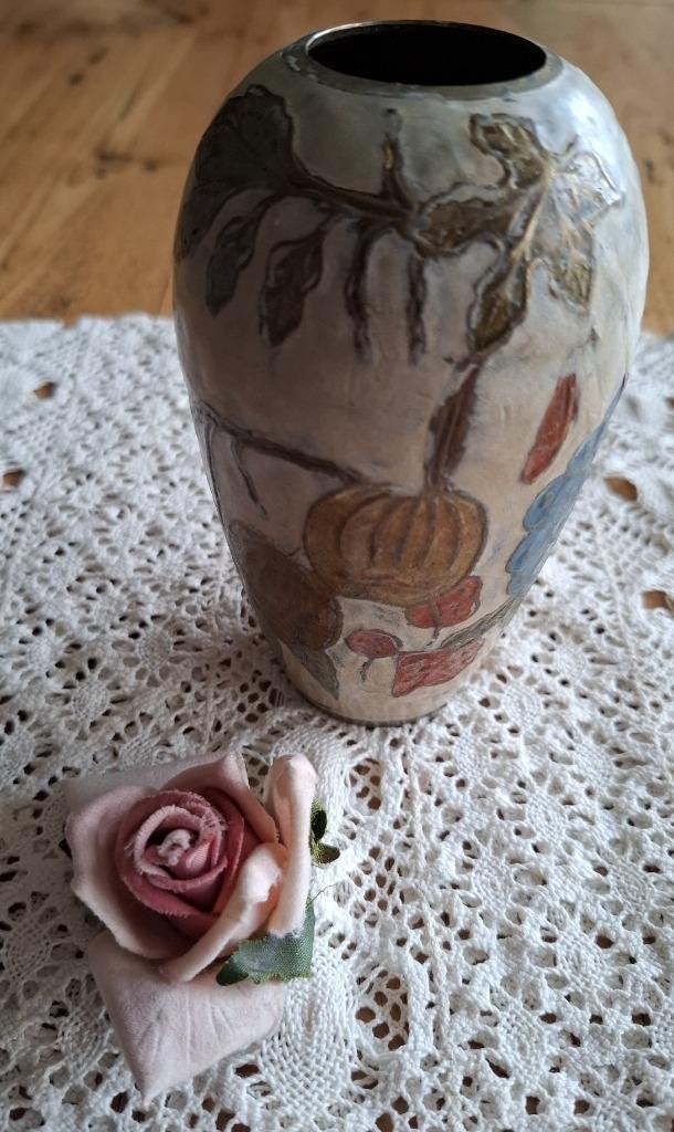 Vintage koperen cloisonne vaasje met fruit uit India, Ophalen of Verzenden