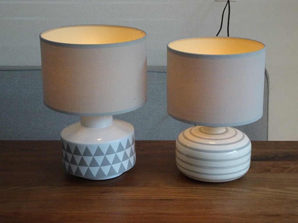 2 staande schemerlampen met keramische voet, Ophalen, Gebruikt, Textiel, E14 (klein)